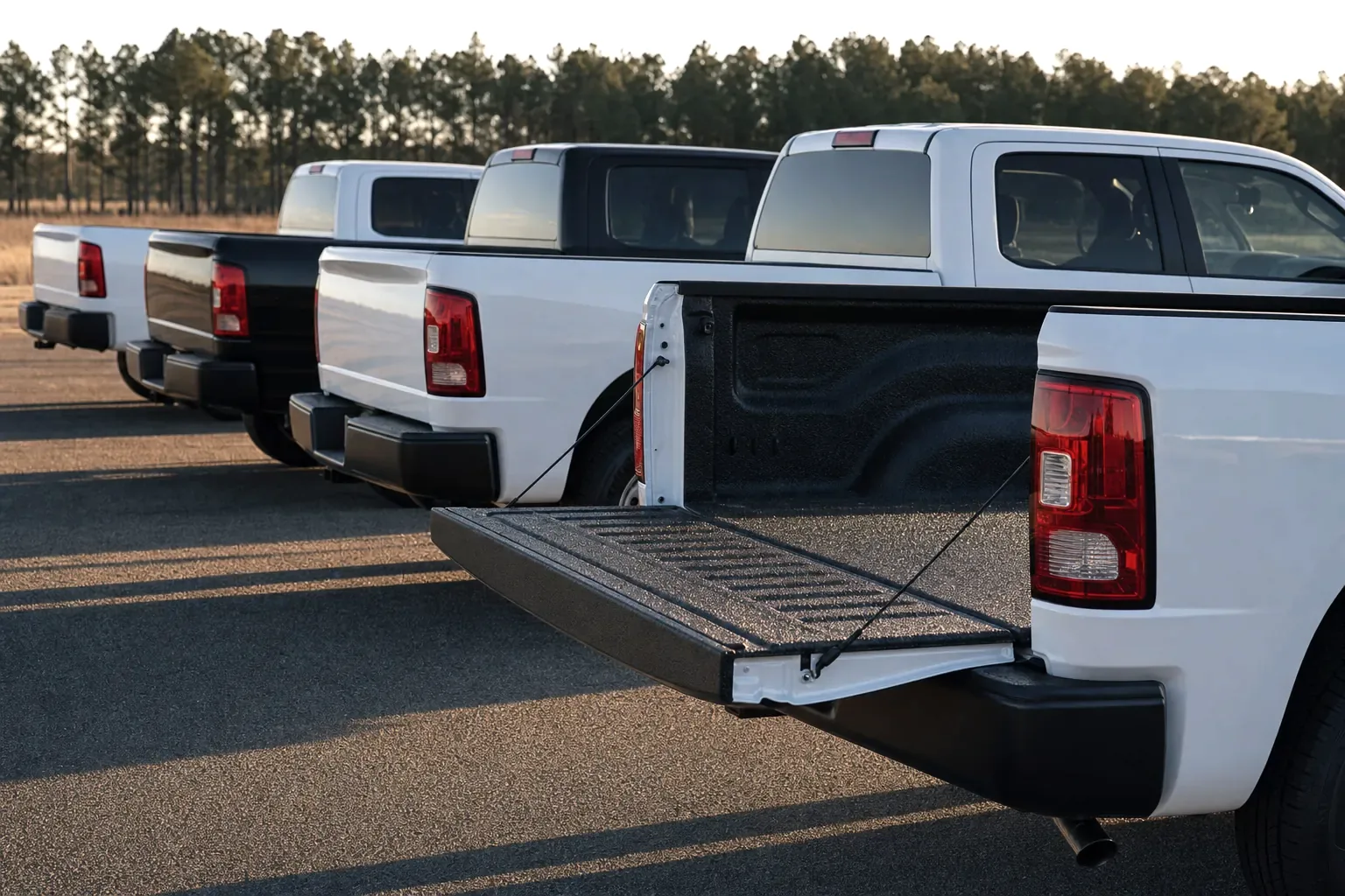 A row of white pickup trucks parked at a dealership, the nearest one with its tailgate down showing a freshly sprayed bed liner.