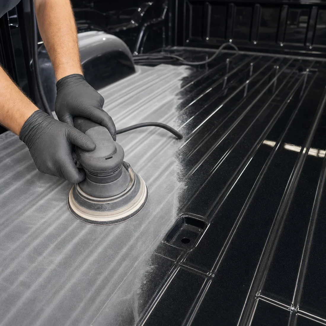 Gloved hands running a dual action sander across a painted truck bed floor, the sanded area dulled to a matte etched finish beside the untouched glossy paint.