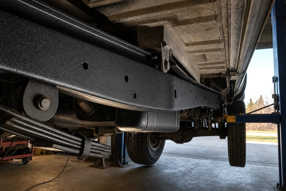 The underside of a pickup truck on a lift, frame rails and floor pans coated in a matte black protective coating.